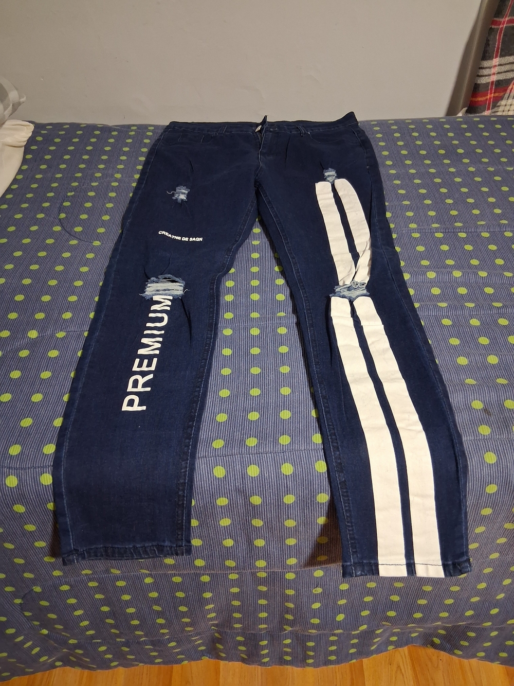 Men's Dark Blue Distressed Jeans with White Stripe and 'Premium' Print